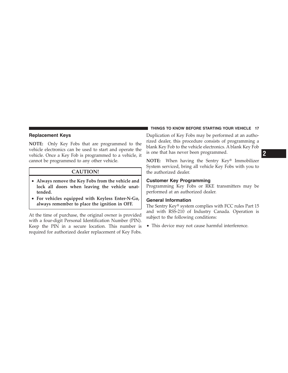 Replacement keys, Customer key programming, General information | Dodge 2011 Challenger_SRT - Owner Manual User Manual | Page 19 / 460
