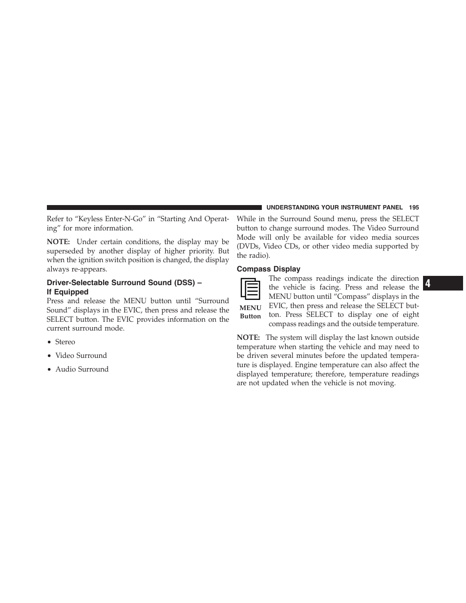 Compass display, Driver-selectable surround sound (dss), If equipped | Dodge 2011 Challenger_SRT - Owner Manual User Manual | Page 197 / 460