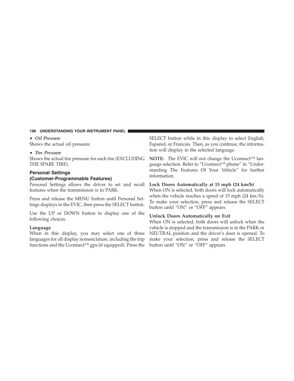 Personal settings (customer-programmable features), Personal settings, Customer-programmable features) | Dodge 2011 Challenger_SRT - Owner Manual User Manual | Page 200 / 460