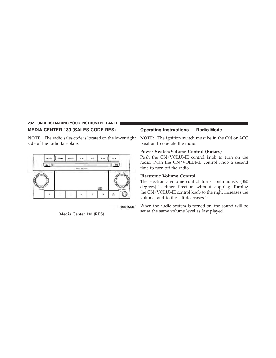 Media center 130 (sales code res), Operating instructions — radio mode | Dodge 2011 Challenger_SRT - Owner Manual User Manual | Page 204 / 460