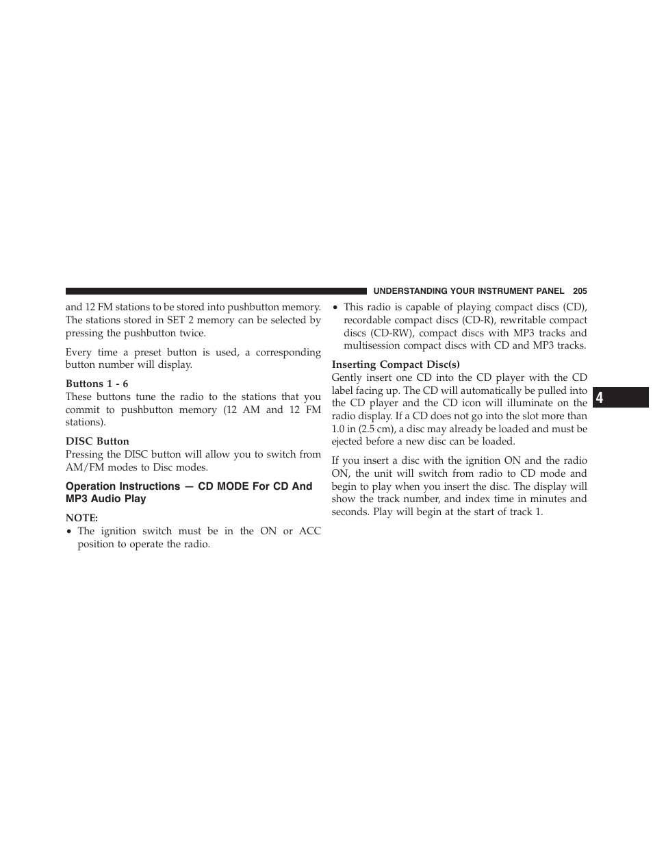 Operation instructions, Cd mode for cd and mp3 audio play | Dodge 2011 Challenger_SRT - Owner Manual User Manual | Page 207 / 460