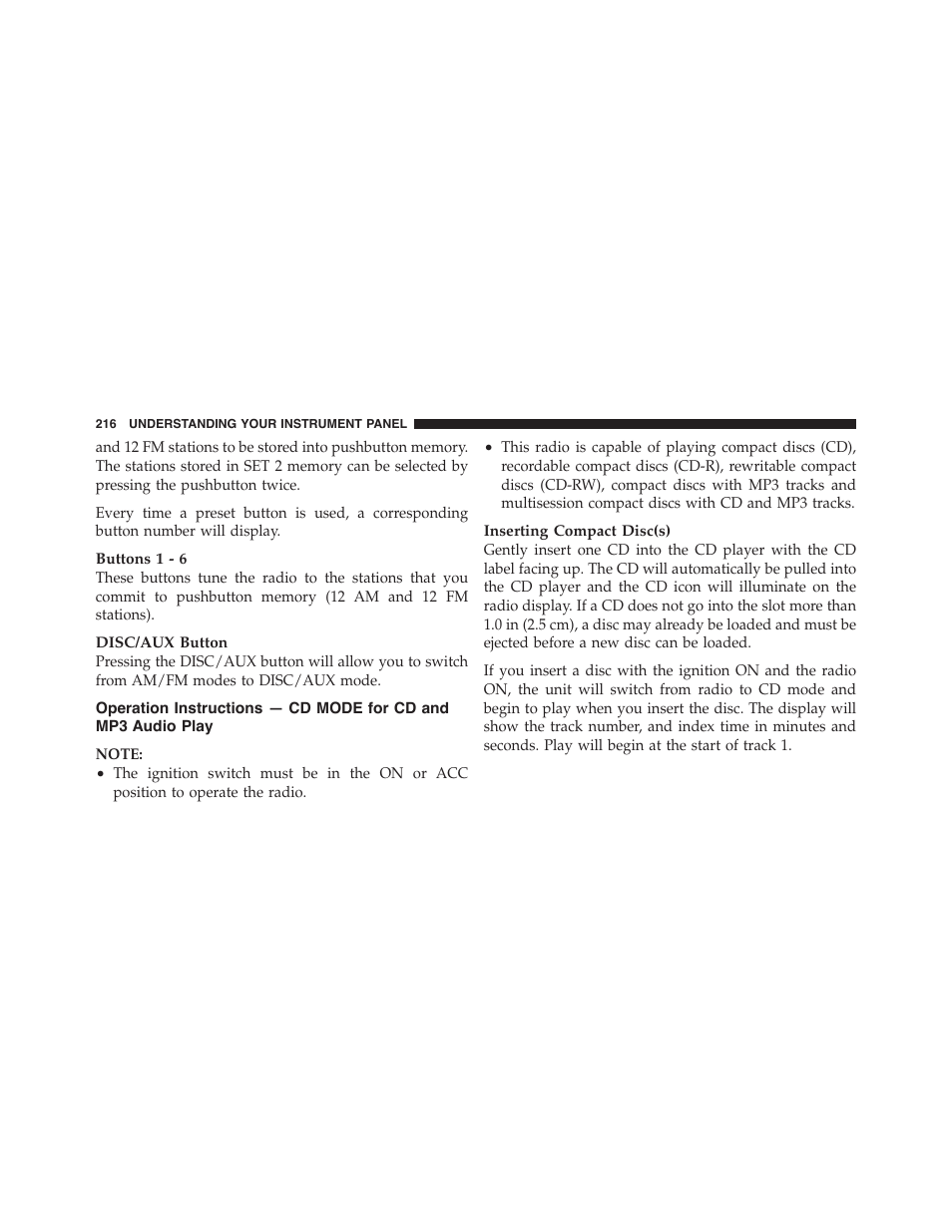 Operation instructions — cd mode for cd, And mp3 audio play | Dodge 2011 Challenger_SRT - Owner Manual User Manual | Page 218 / 460