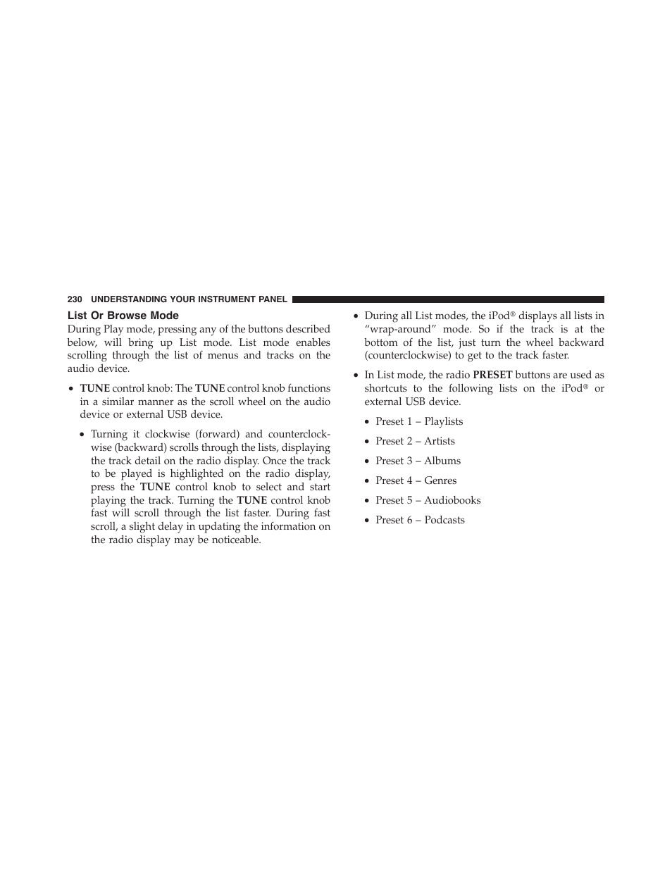 List or browse mode | Dodge 2011 Challenger_SRT - Owner Manual User Manual | Page 232 / 460