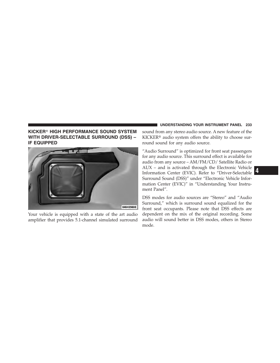 Kicker௡ high performance sound system with, Driver-selectable surround (dss), If equipped | Dodge 2011 Challenger_SRT - Owner Manual User Manual | Page 235 / 460