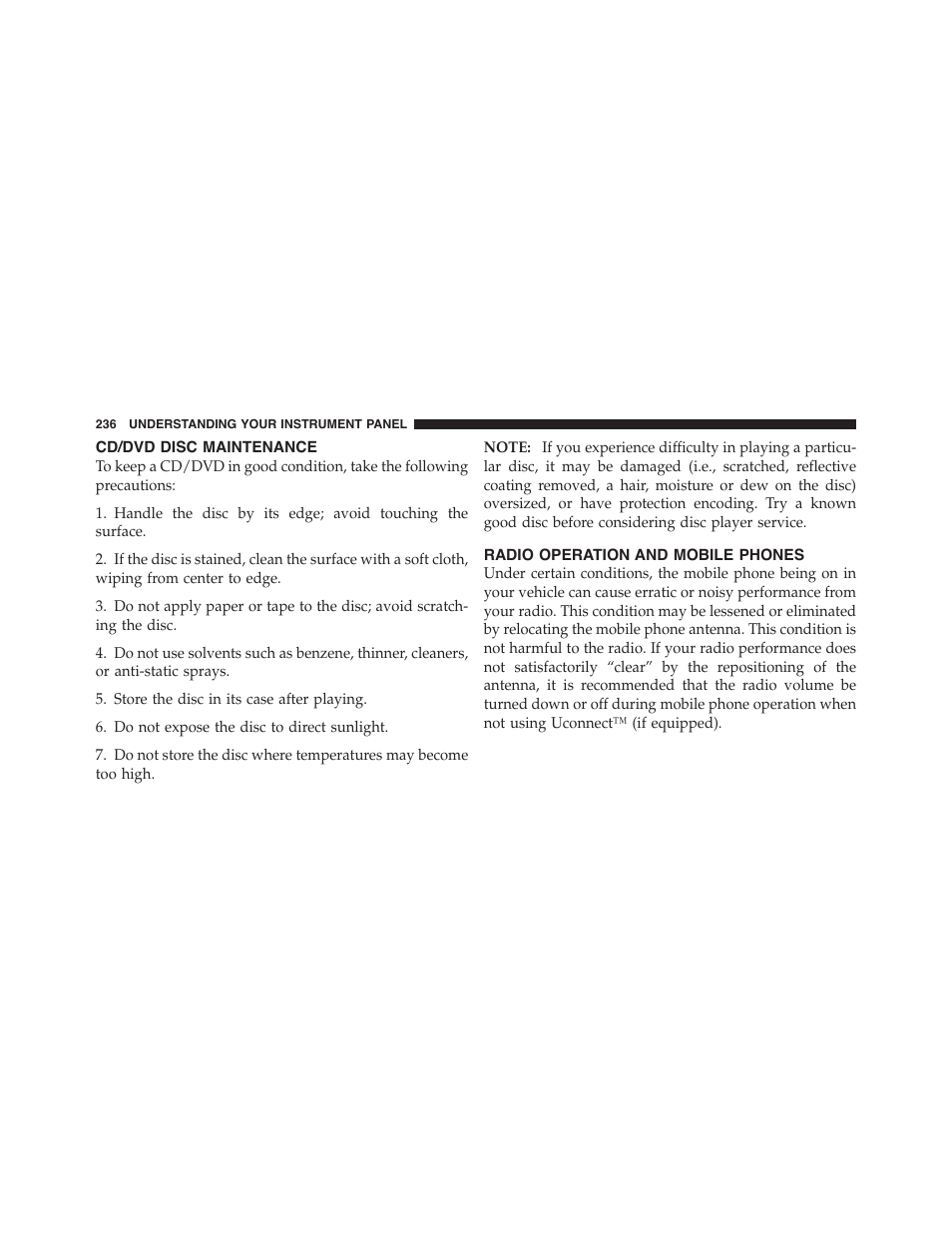 Cd/dvd disc maintenance, Radio operation and mobile phones | Dodge 2011 Challenger_SRT - Owner Manual User Manual | Page 238 / 460