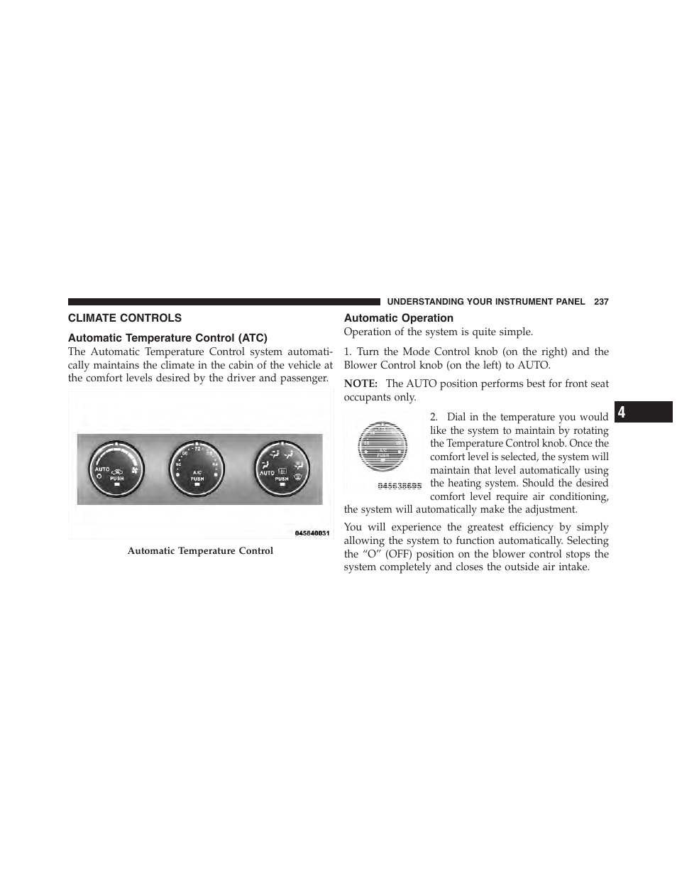 Climate controls, Automatic temperature control (atc), Automatic operation | Dodge 2011 Challenger_SRT - Owner Manual User Manual | Page 239 / 460