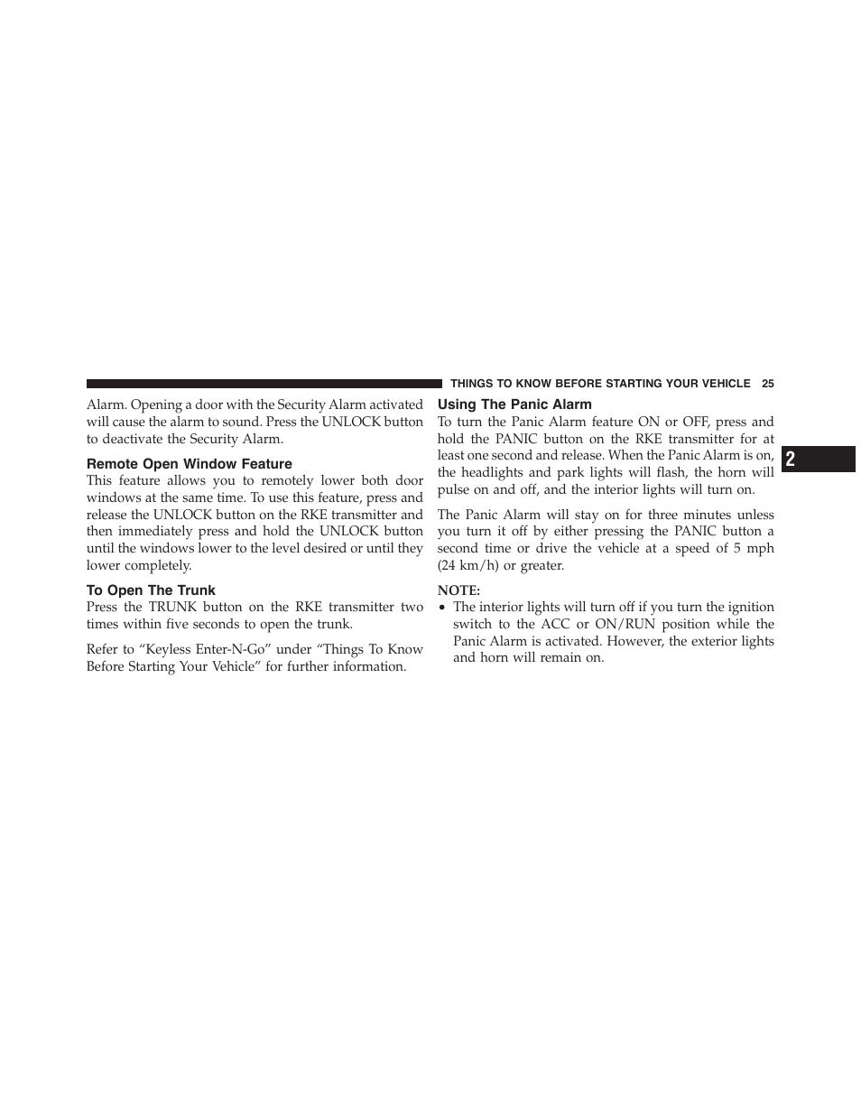 Remote open window feature, To open the trunk, Using the panic alarm | Dodge 2011 Challenger_SRT - Owner Manual User Manual | Page 27 / 460