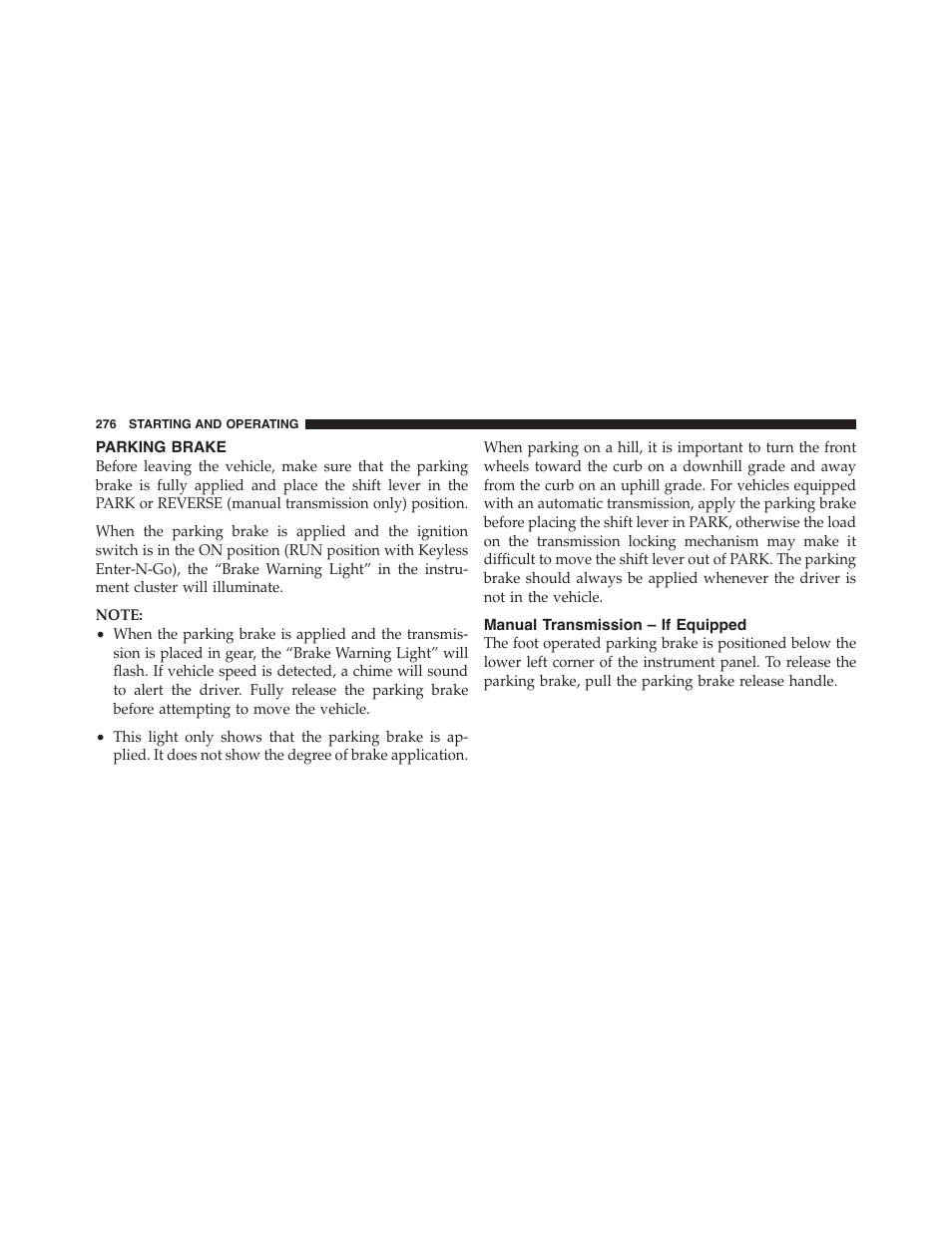 Parking brake, Manual transmission – if equipped | Dodge 2011 Challenger_SRT - Owner Manual User Manual | Page 278 / 460