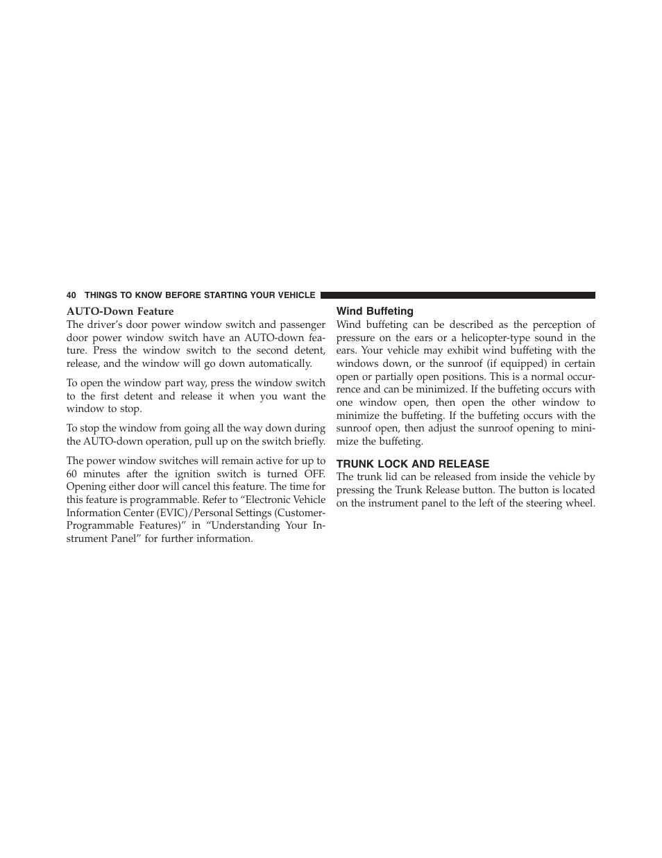 Wind buffeting, Trunk lock and release | Dodge 2011 Challenger_SRT - Owner Manual User Manual | Page 42 / 460