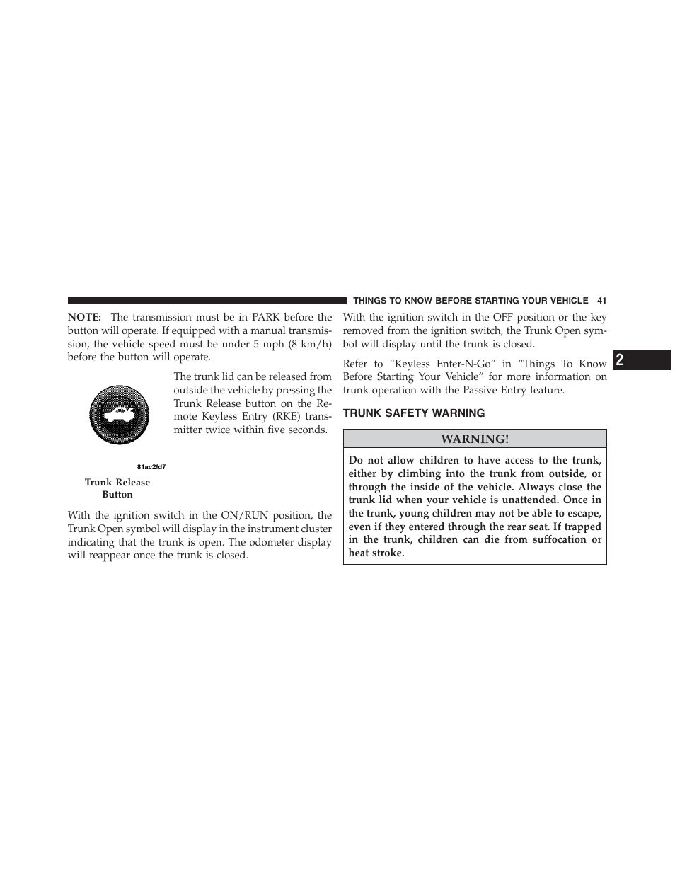 Trunk safety warning | Dodge 2011 Challenger_SRT - Owner Manual User Manual | Page 43 / 460