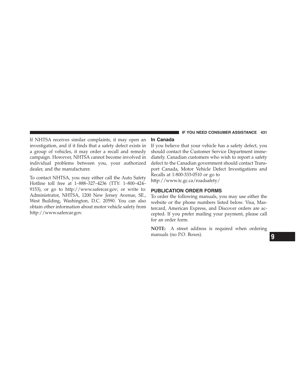 In canada, Publication order forms | Dodge 2011 Challenger_SRT - Owner Manual User Manual | Page 433 / 460