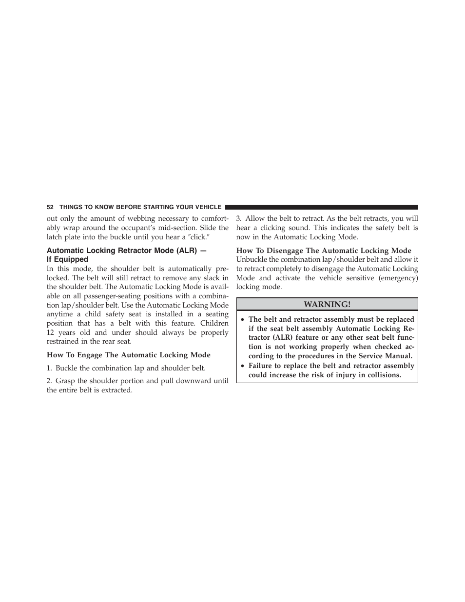 Automatic locking retractor mode (alr), If equipped | Dodge 2011 Challenger_SRT - Owner Manual User Manual | Page 54 / 460