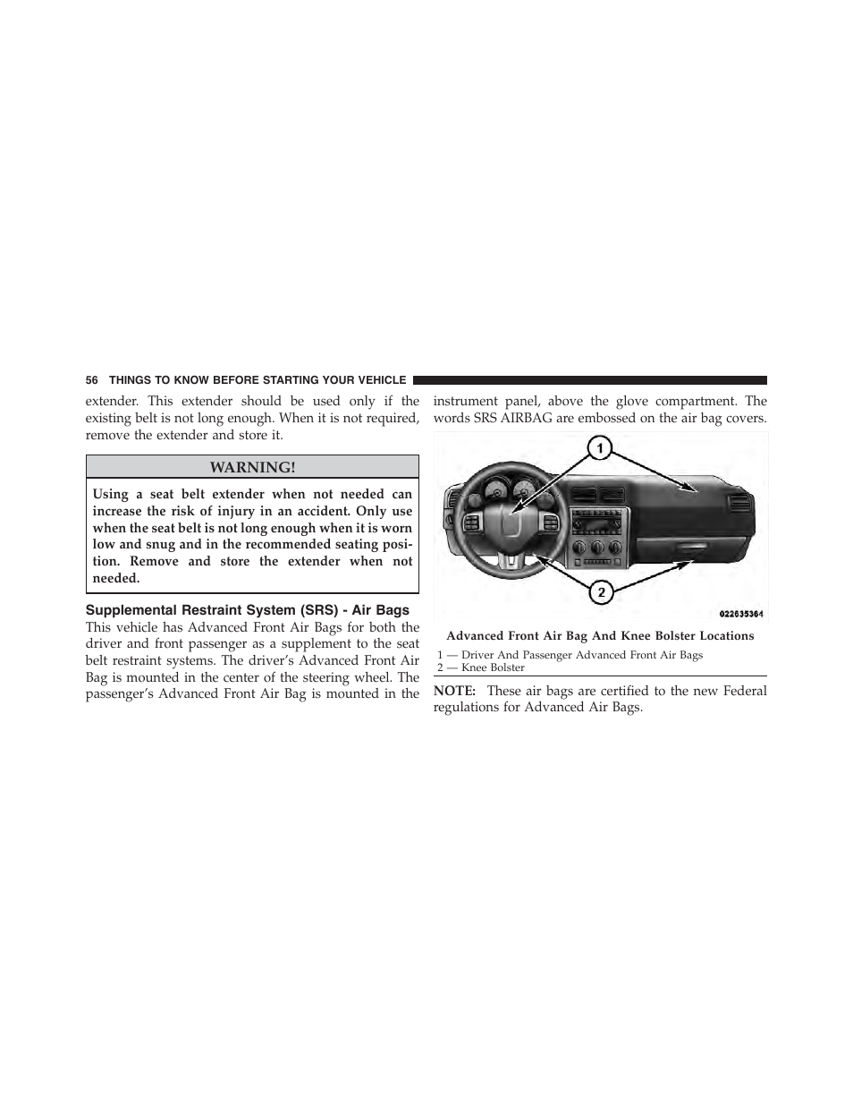 Supplemental restraint system (srs) - air bags, Supplemental restraint system (srs) - air, Bags | Dodge 2011 Challenger_SRT - Owner Manual User Manual | Page 58 / 460