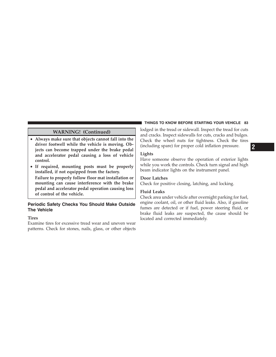 Periodic safety checks you should make, Outside the vehicle | Dodge 2011 Challenger_SRT - Owner Manual User Manual | Page 85 / 460