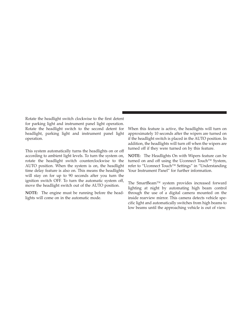 Automatic headlights — if equipped, Smartbeam™ — if equipped, Headlights on with wipers (available | With automatic headlights only) | Dodge 2011 Charger - Owner Manual User Manual | Page 192 / 566