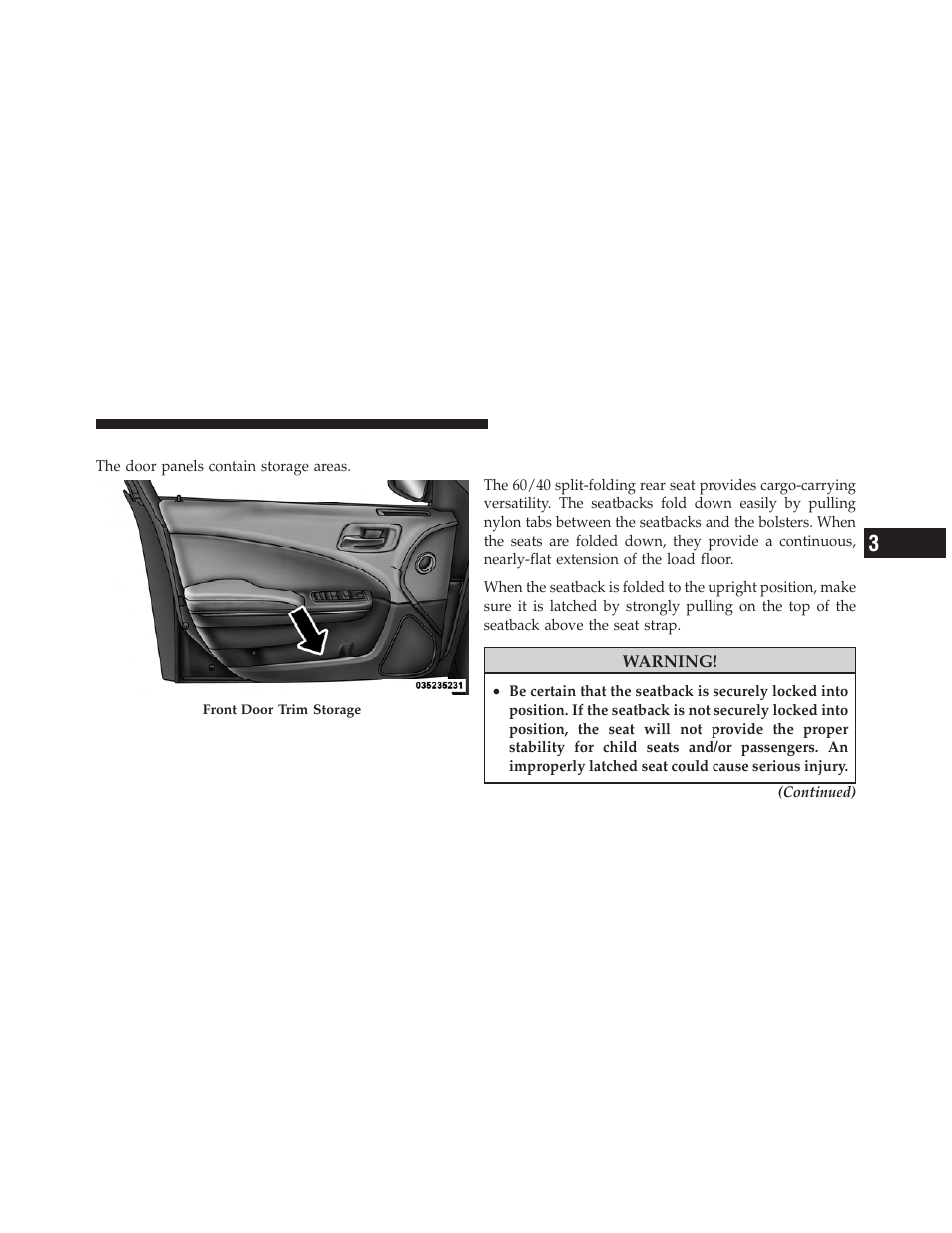 Door storage, Cargo area — vehicles equipped with 60/40, Split-folding rear seat | Dodge 2011 Charger - Owner Manual User Manual | Page 269 / 566