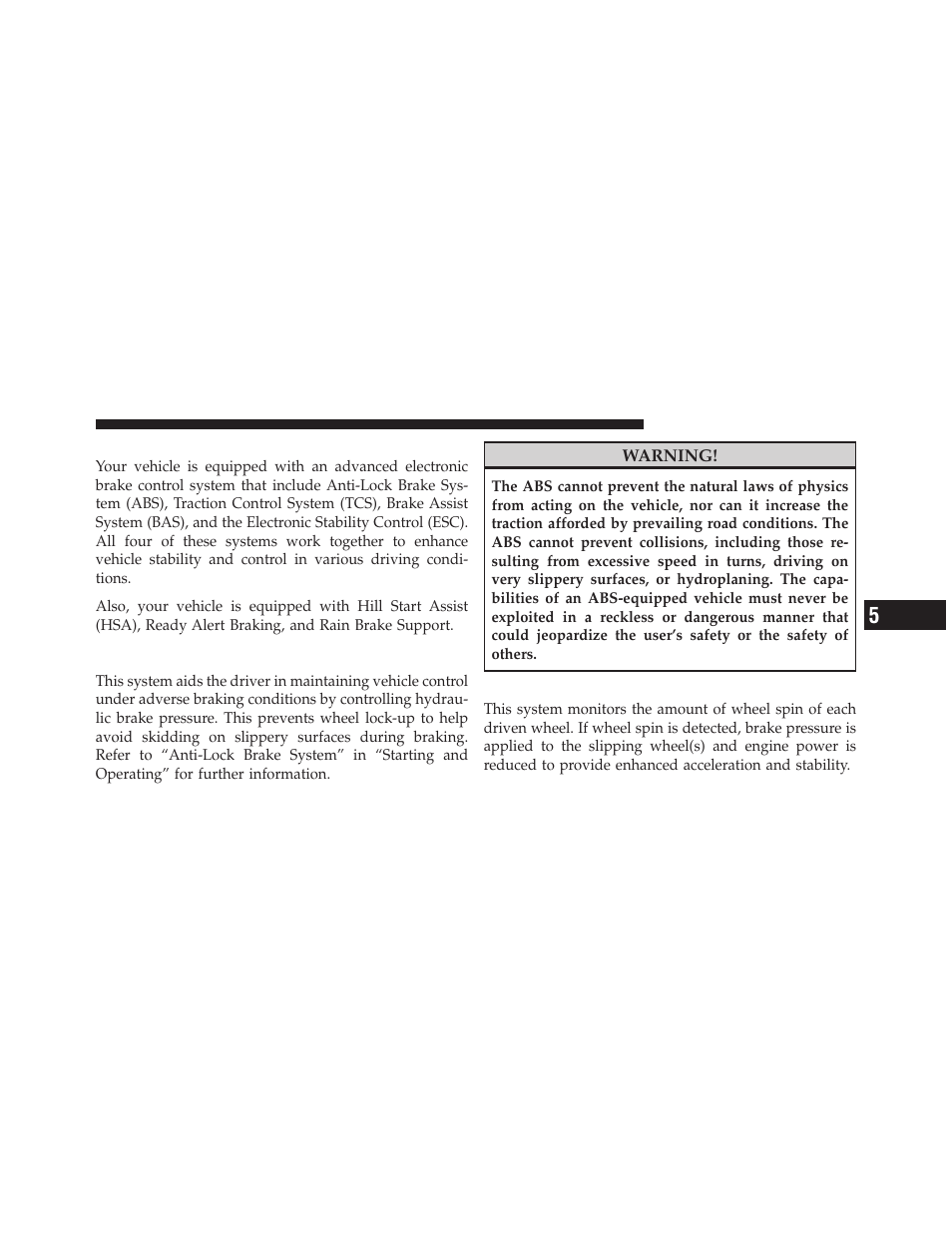 Electronic brake control system, Anti-lock brake system (abs), Traction control system (tcs) | Dodge 2011 Charger - Owner Manual User Manual | Page 373 / 566