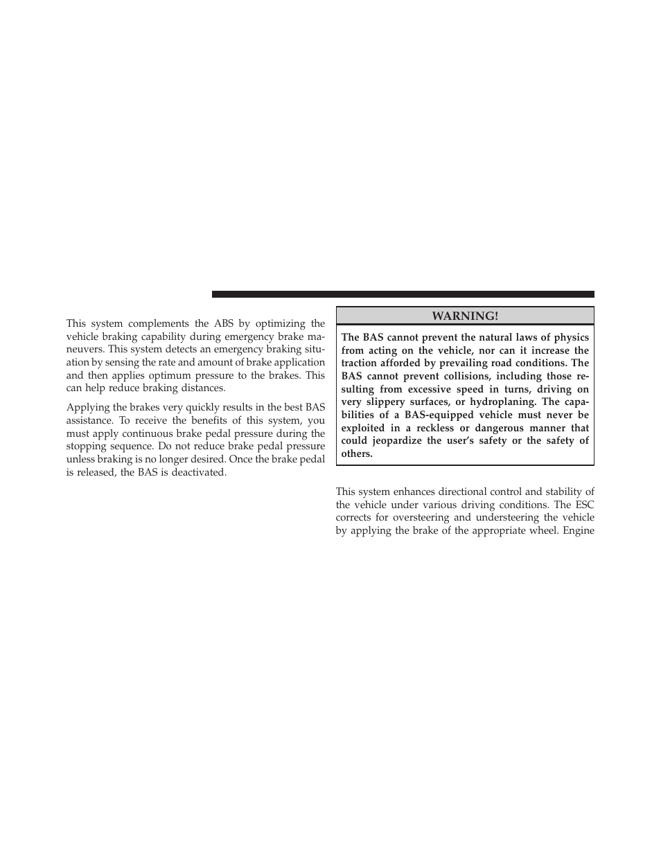 Brake assist system (bas), Electronic stability control (esc) | Dodge 2011 Charger - Owner Manual User Manual | Page 374 / 566