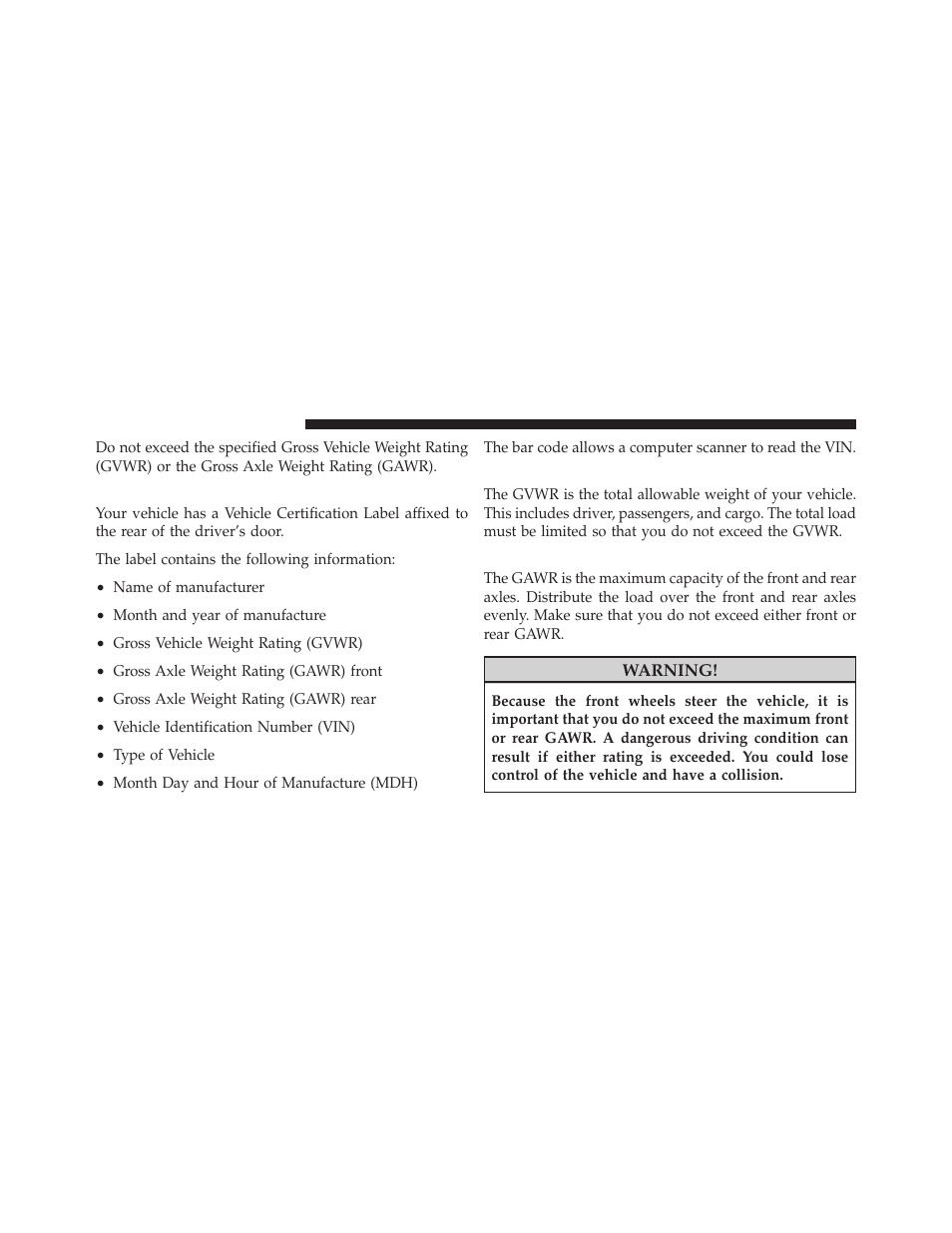 Vehicle certification label, Gross vehicle weight rating (gvwr), Gross axle weight rating (gawr) | Dodge 2011 Charger - Owner Manual User Manual | Page 424 / 566