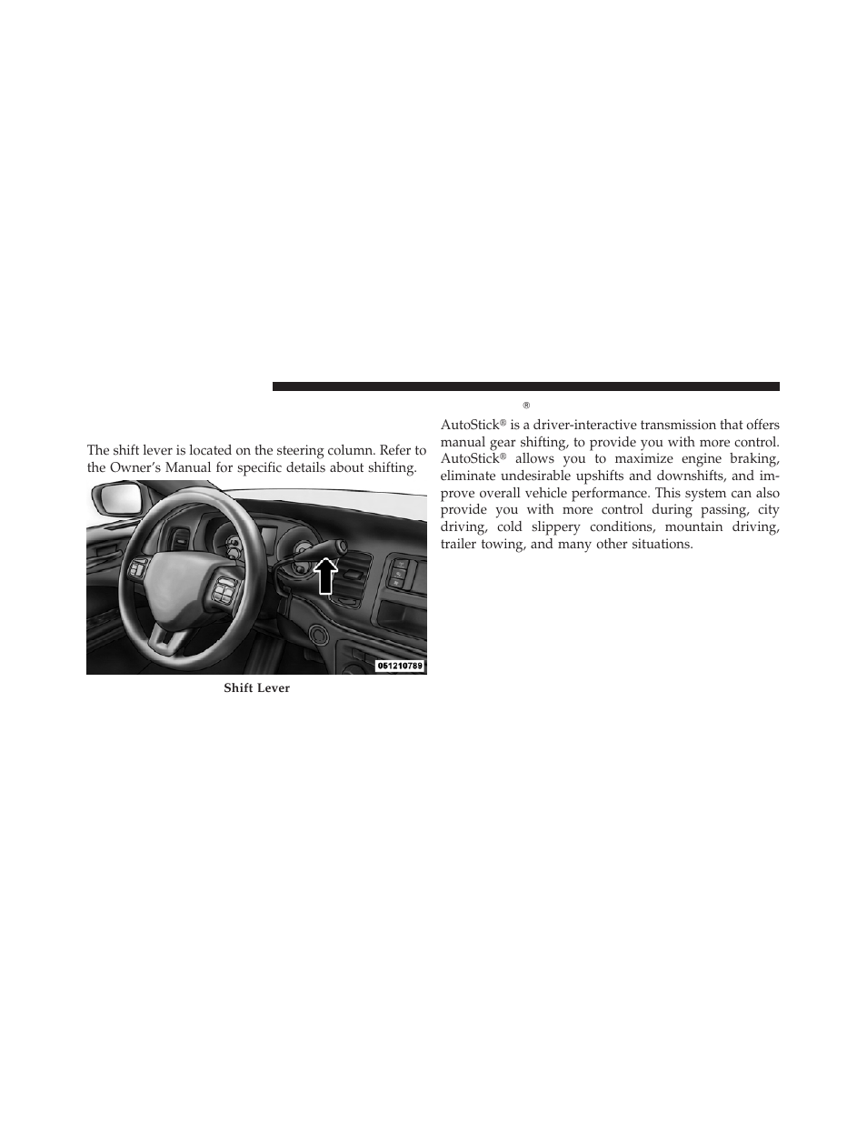 Automatic transmission, Shift lever, Autostickĥ | Autostick | Dodge 2011 Charger - Supplement User Manual | Page 34 / 49