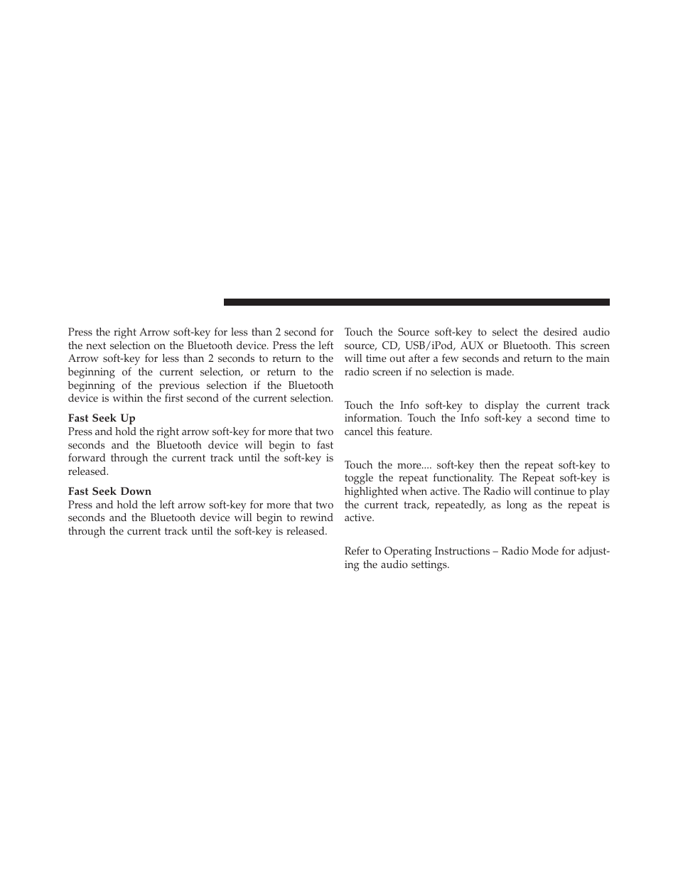 Seek up/down, Source, Info | Repeat, Audio | Chrysler 2011 300 SRT - Owner Manual User Manual | Page 29 / 119