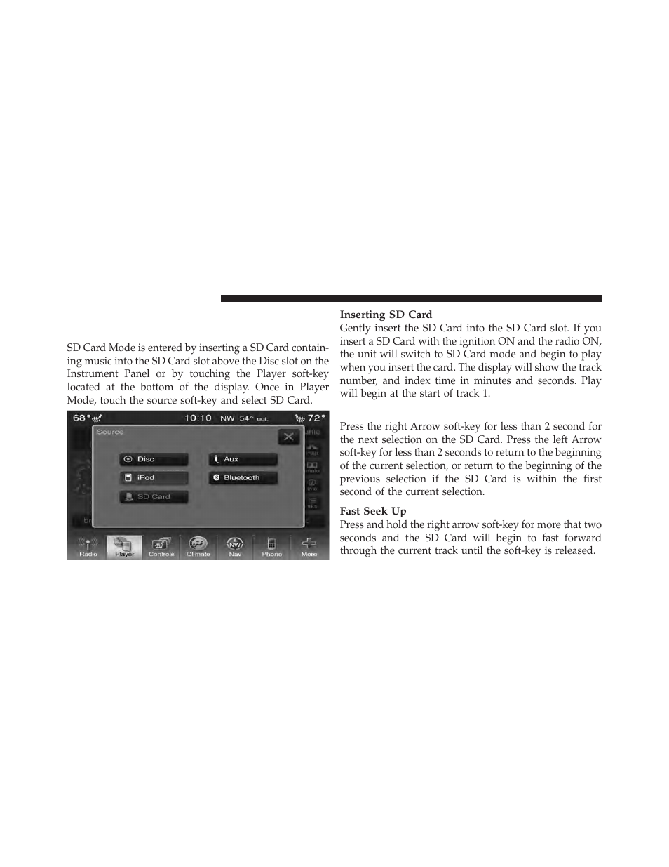 Operating instructions – sd card mode, Overview, Seek up/down | Chrysler 2011 300 SRT - Owner Manual User Manual | Page 65 / 119