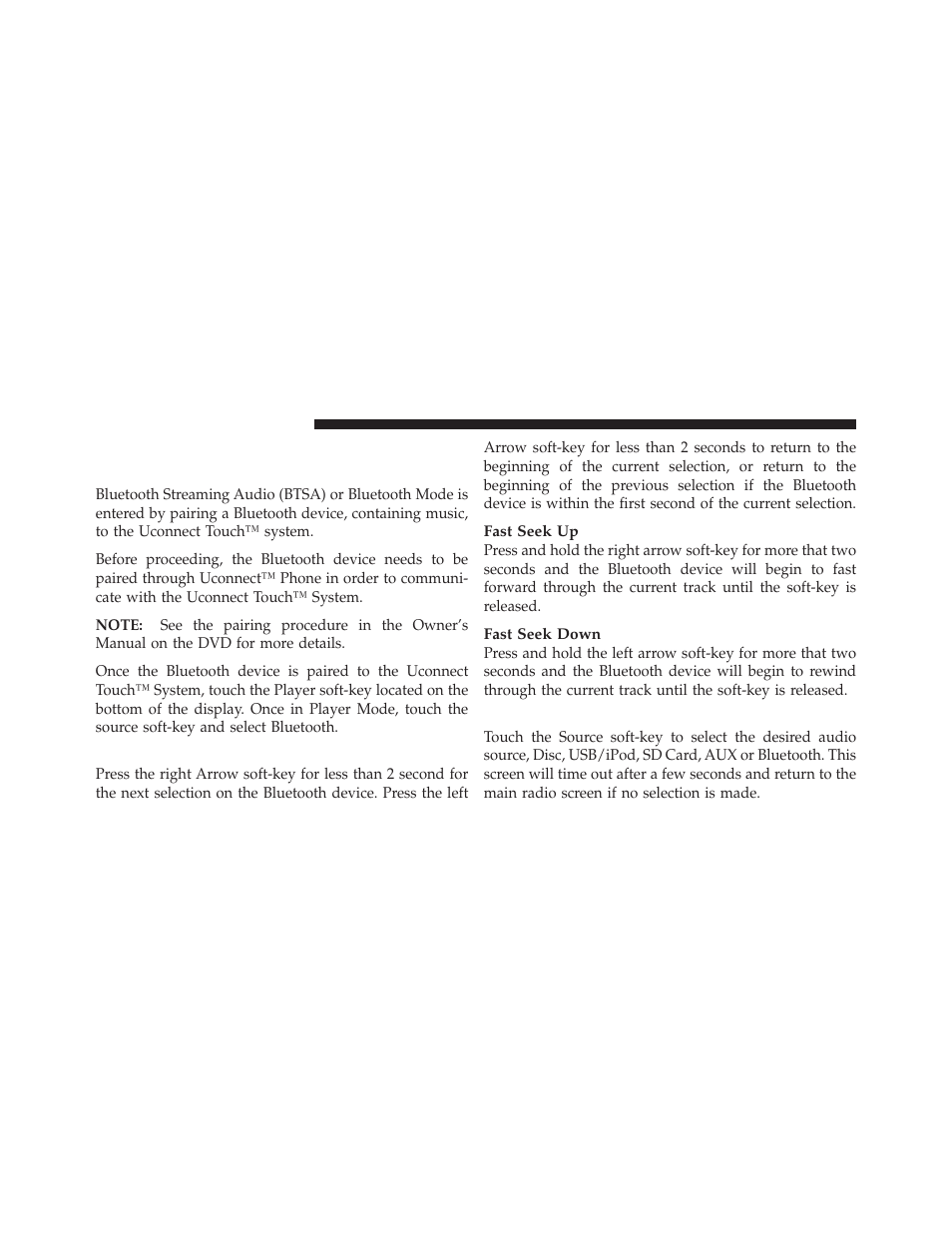 Operating instructions – bluetooth mode, Overview, Seek up/down | Source | Chrysler 2011 300 SRT - Owner Manual User Manual | Page 71 / 119