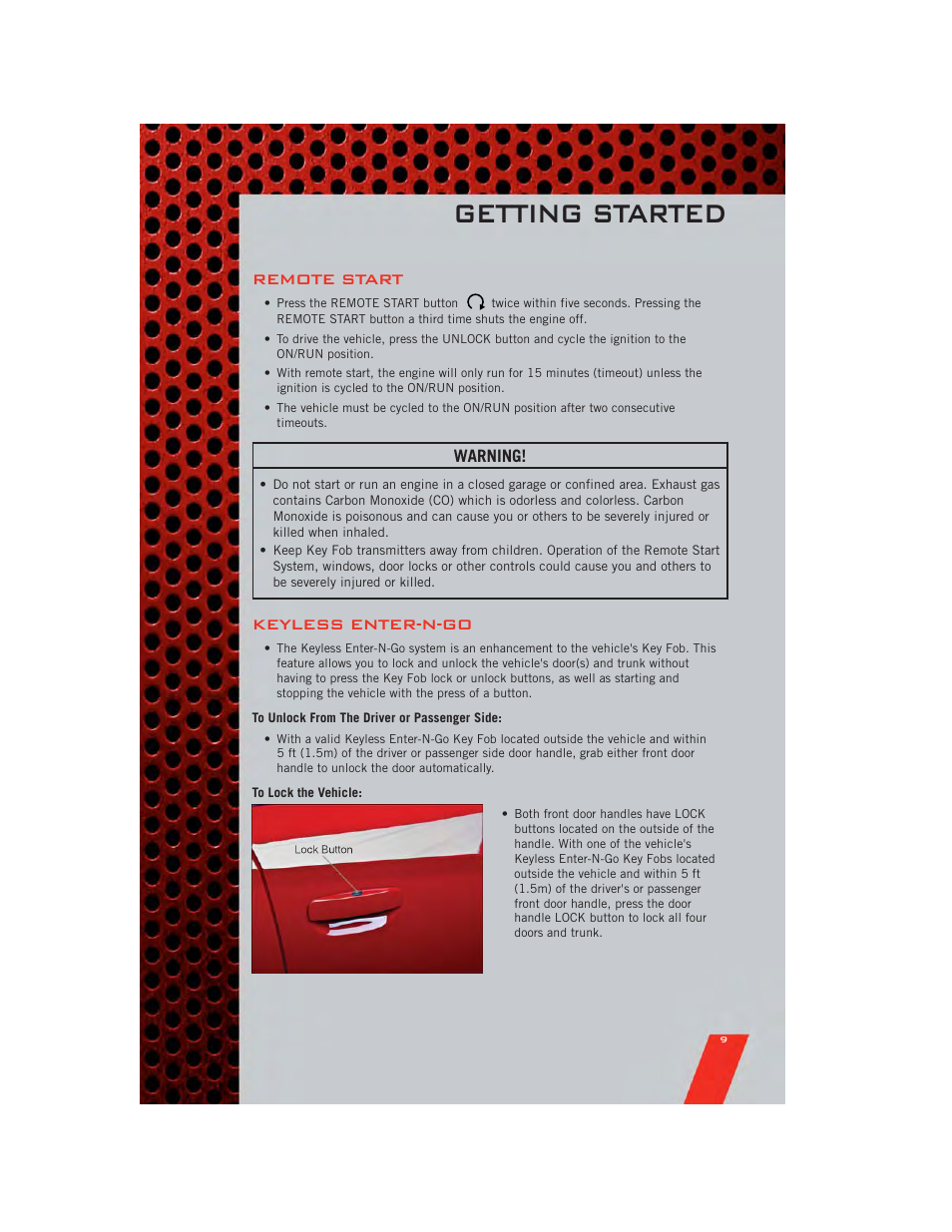 Remote start, Keyless enter-n-go, To unlock from the driver or passenger side | To lock the vehicle, Getting started, Warning | Dodge 2011 Charger - User Guide User Manual | Page 11 / 104