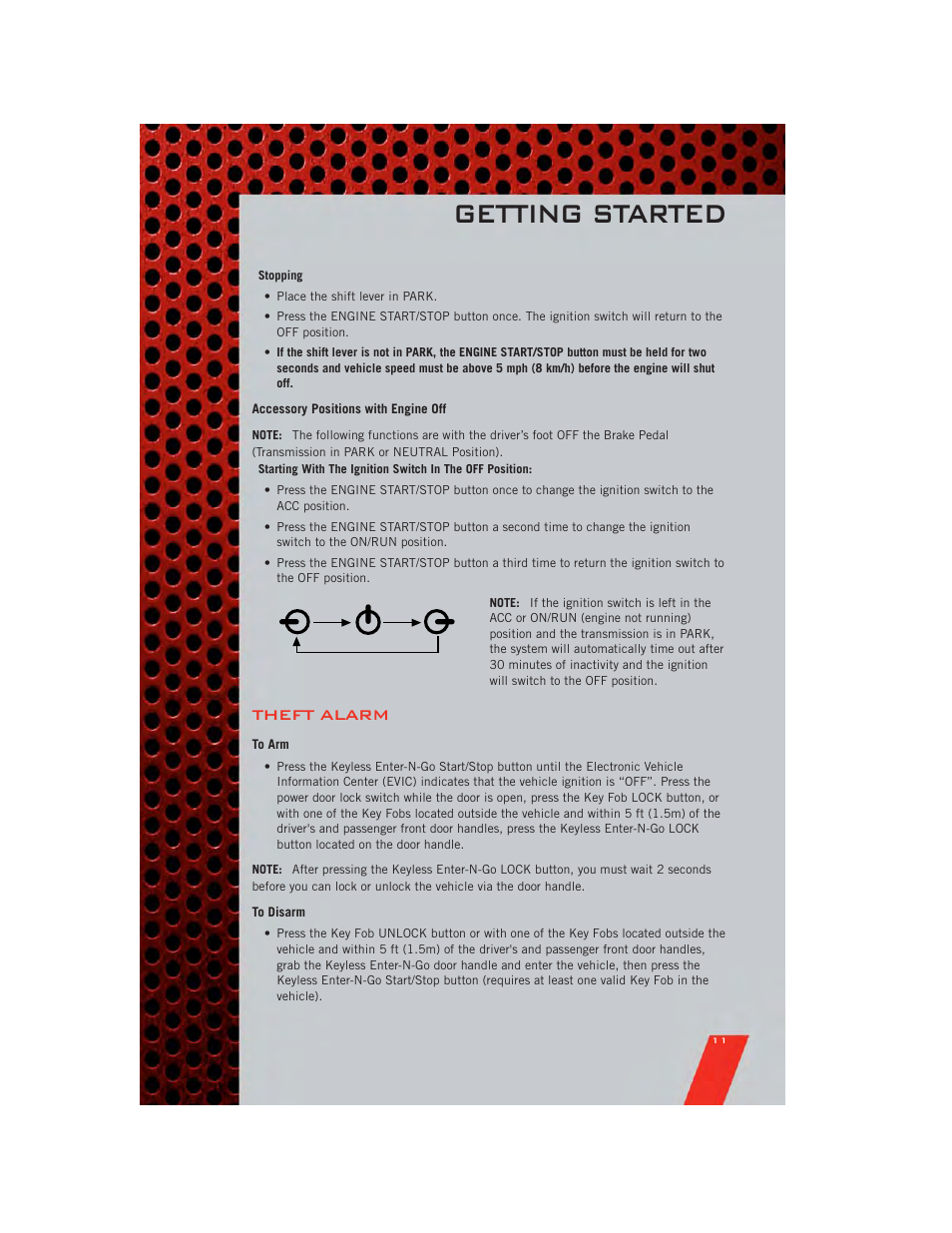 Accessory positions with engine off, Theft alarm, To arm | To disarm, Getting started | Dodge 2011 Charger - User Guide User Manual | Page 13 / 104