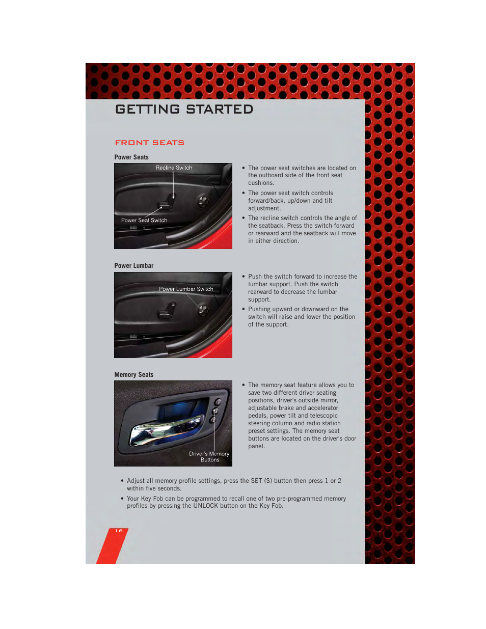 Front seats, Power seats, Power lumbar | Memory seats, Getting started | Dodge 2011 Charger - User Guide User Manual | Page 18 / 104