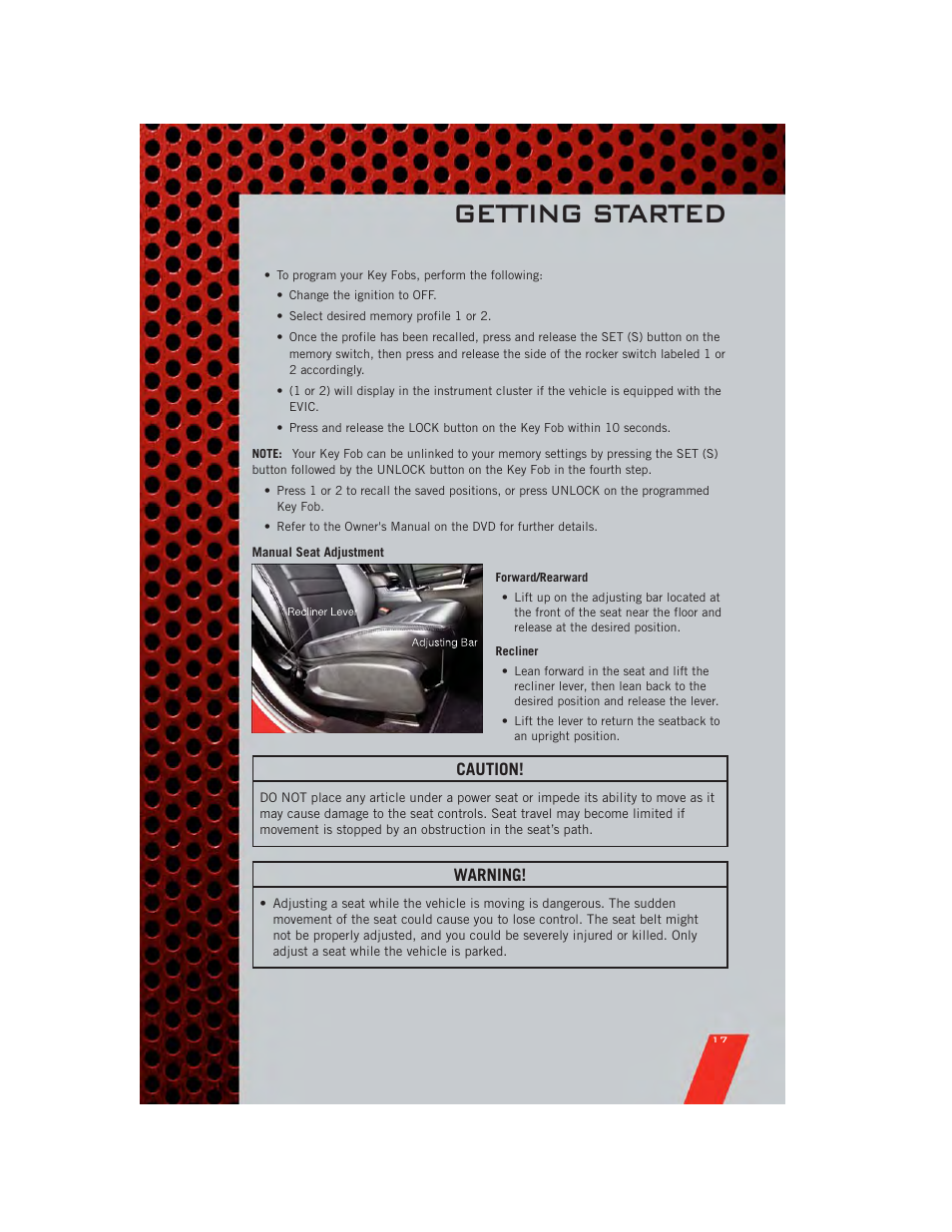Manual seat adjustment, Getting started, Caution | Warning | Dodge 2011 Charger - User Guide User Manual | Page 19 / 104
