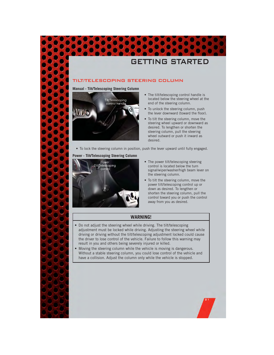 Tilt/telescoping steering column, Manual - tilt/telescoping steering column, Power - tilt/telescoping steering column | Getting started | Dodge 2011 Charger - User Guide User Manual | Page 23 / 104