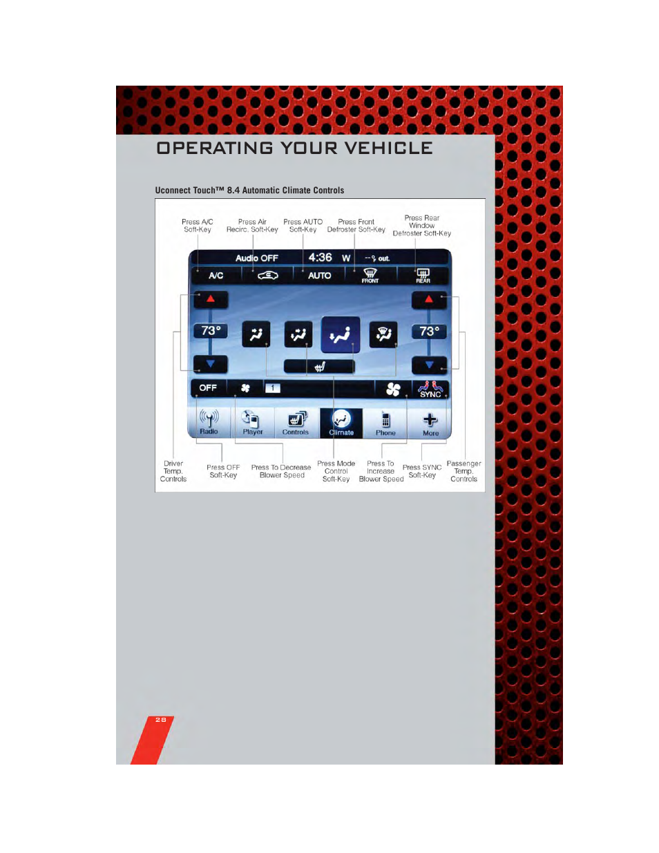 Uconnect touch™ 8.4 automatic climate controls, Operating your vehicle | Dodge 2011 Charger - User Guide User Manual | Page 30 / 104