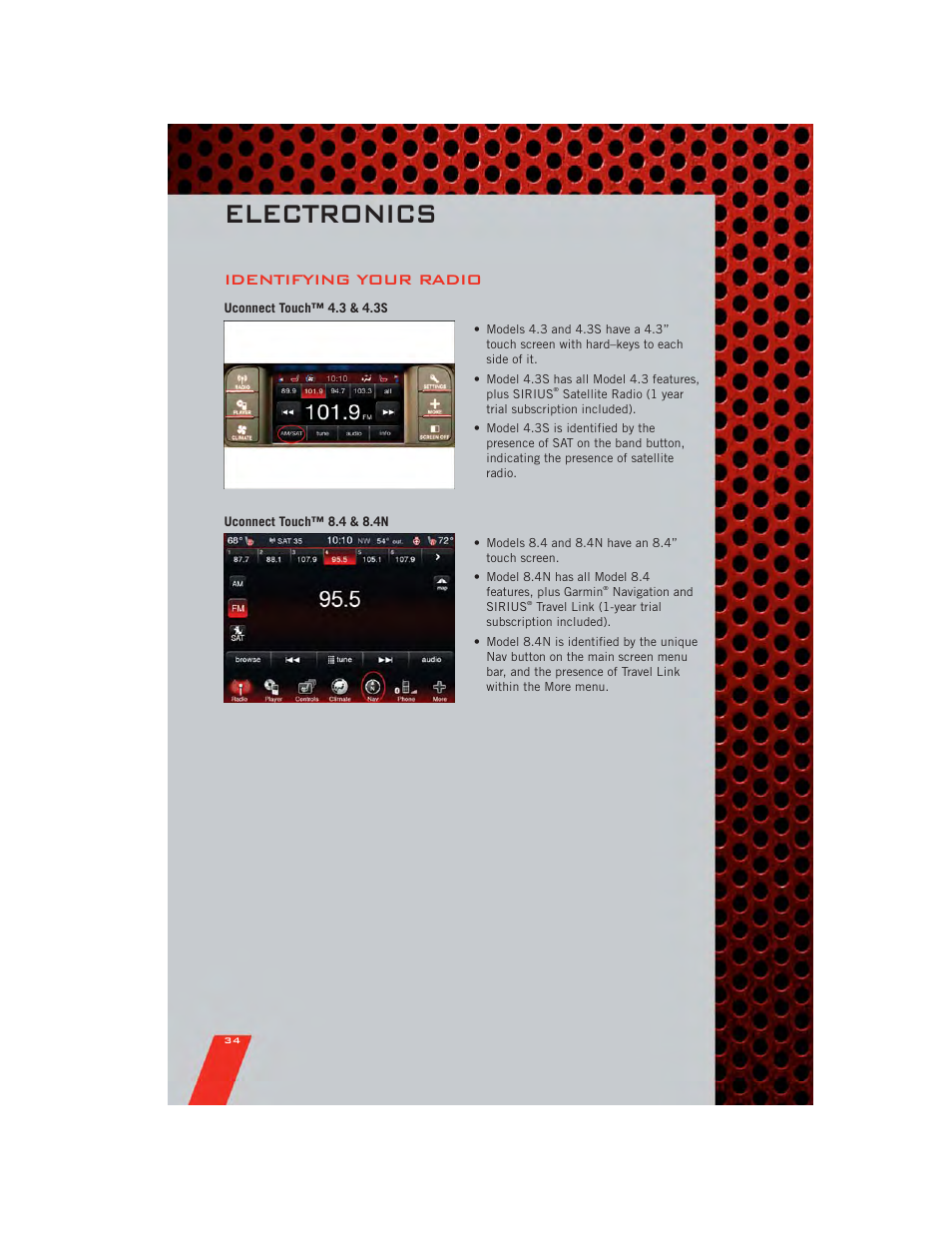 Identifying your radio, Uconnect touch™ 4.3 & 4.3s, Uconnect touch™ 8.4 & 8.4n | Electronics | Dodge 2011 Charger - User Guide User Manual | Page 36 / 104