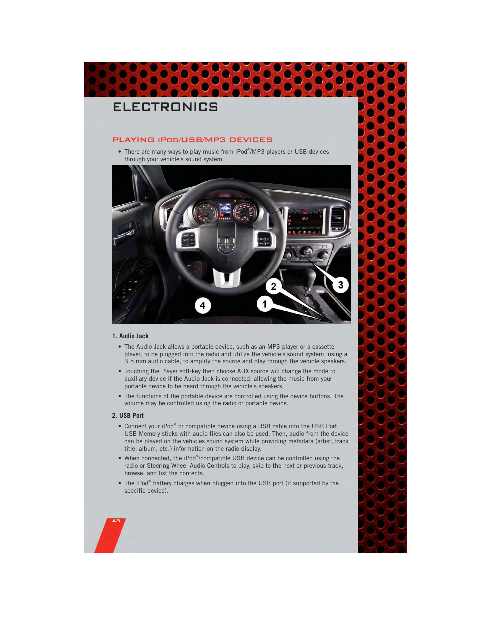 Playing ipod/usb/mp3 devices, Audio jack, Usb port | Electronics | Dodge 2011 Charger - User Guide User Manual | Page 50 / 104