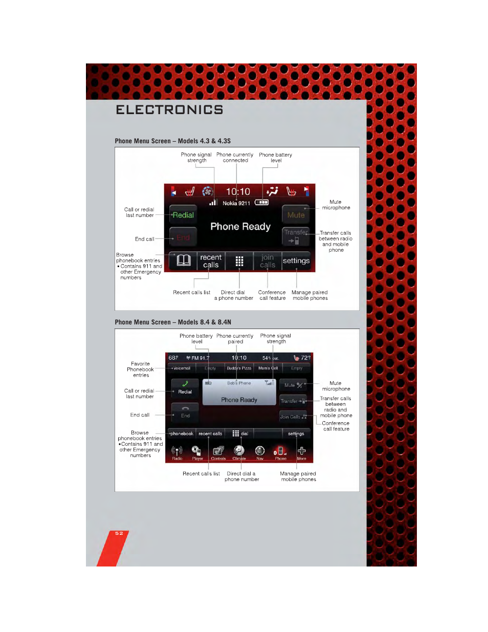 Phone menu screen – models 4.3 & 4.3s, Phone menu screen – models 8.4 & 8.4n, Electronics | Dodge 2011 Charger - User Guide User Manual | Page 54 / 104