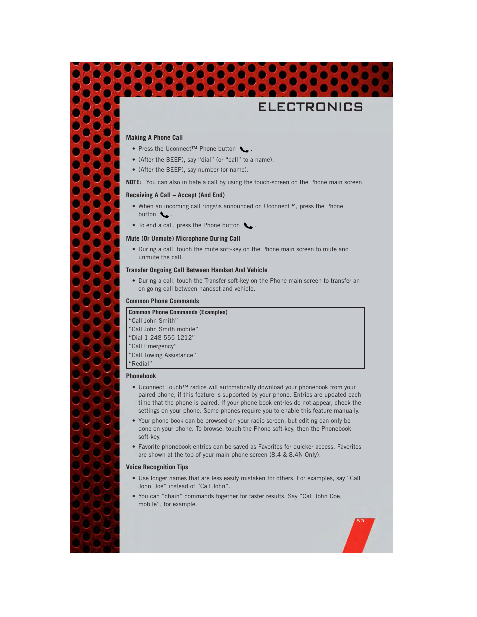 Making a phone call, Receiving a call – accept (and end), Mute (or unmute) microphone during call | Transfer ongoing call between handset and vehicle, Common phone commands, Phonebook, Voice recognition tips, Electronics | Dodge 2011 Charger - User Guide User Manual | Page 55 / 104