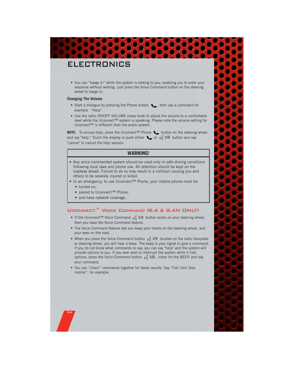 Changing the volume, Uconnect™ voice command (8.4 & 8.4n only), Electronics | Warning | Dodge 2011 Charger - User Guide User Manual | Page 56 / 104