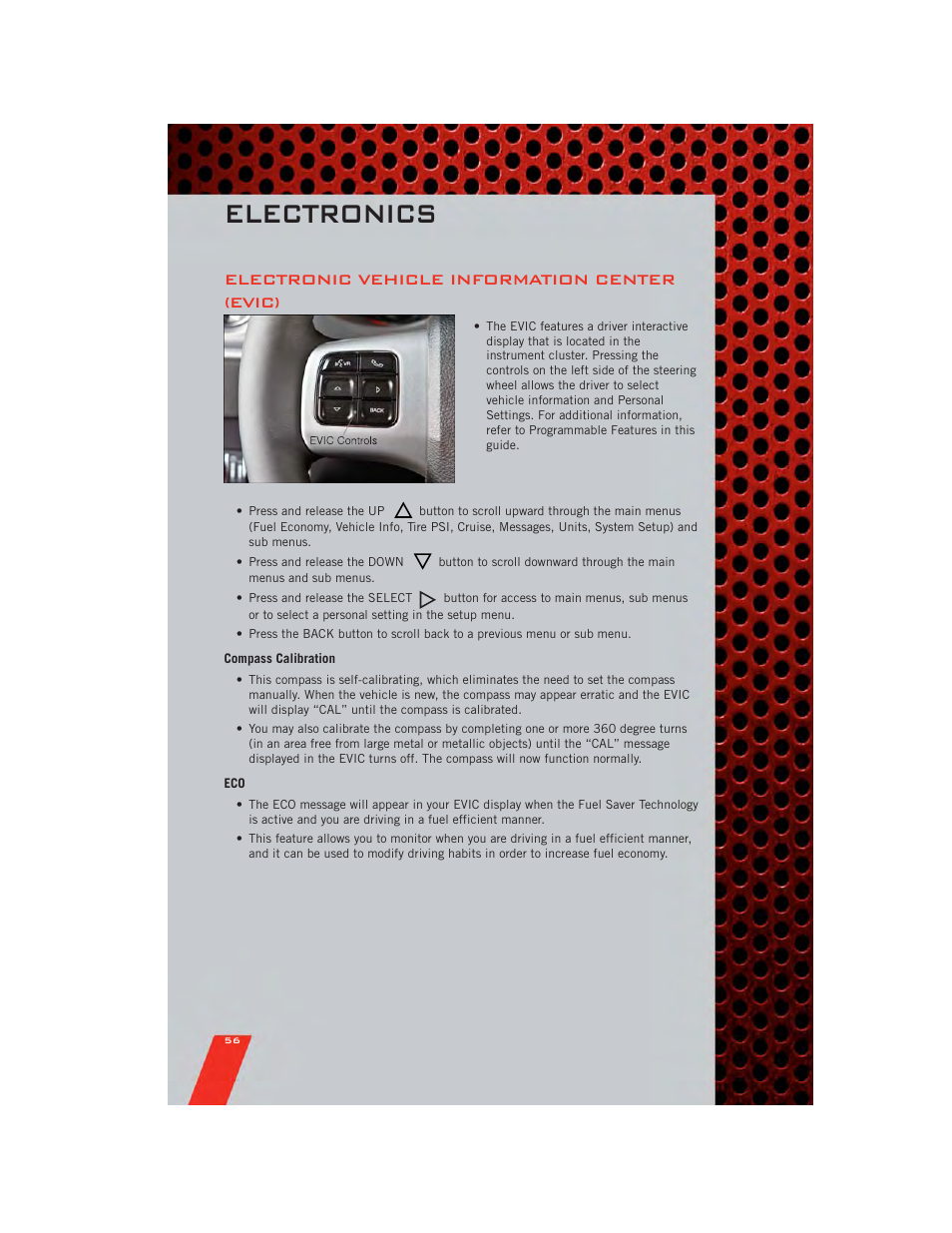 Electronic vehicle information center (evic), Compass calibration, Electronics | Dodge 2011 Charger - User Guide User Manual | Page 58 / 104