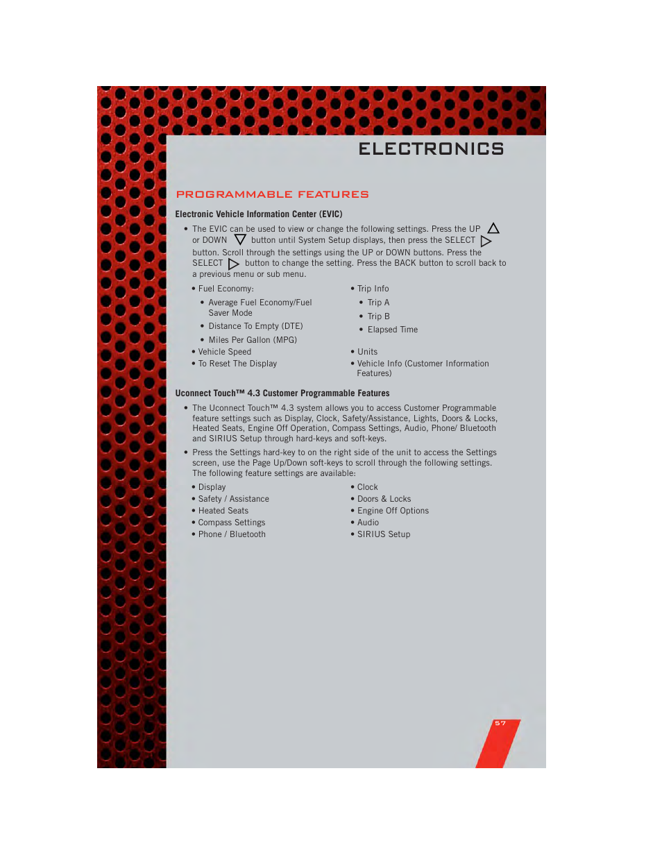 Programmable features, Electronic vehicle information center (evic), Uconnect touch™ 4.3 customer programmable features | Electronics | Dodge 2011 Charger - User Guide User Manual | Page 59 / 104