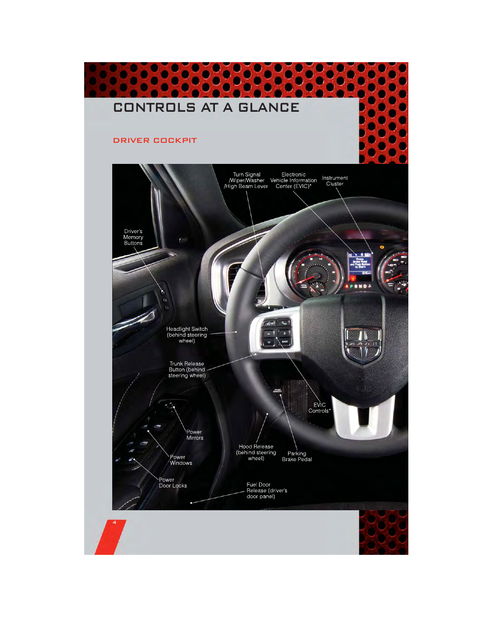 Controls at a glance, Driver cockpit | Dodge 2011 Charger - User Guide User Manual | Page 6 / 104