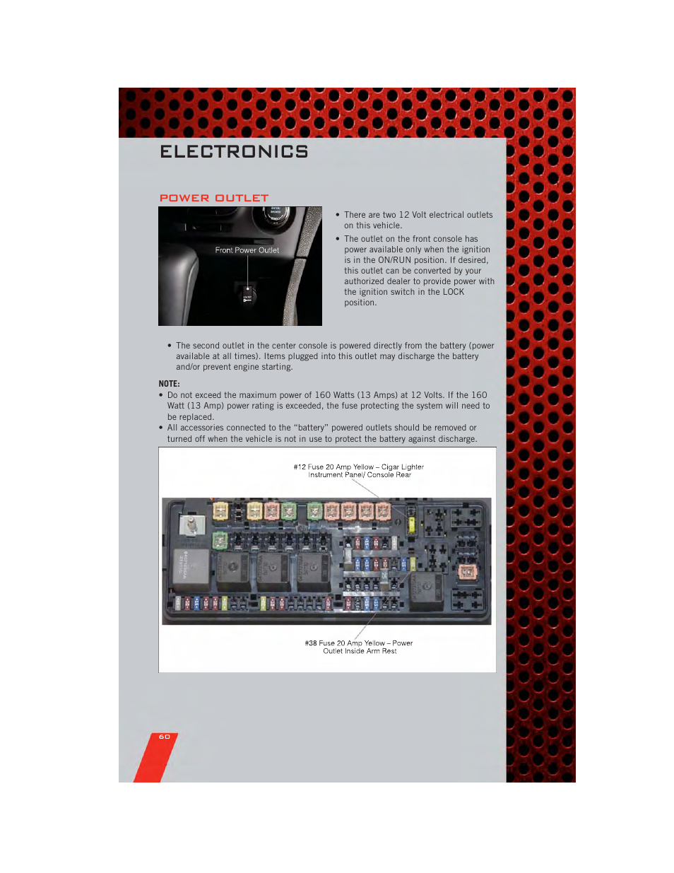 Power outlet, Electronics | Dodge 2011 Charger - User Guide User Manual | Page 62 / 104