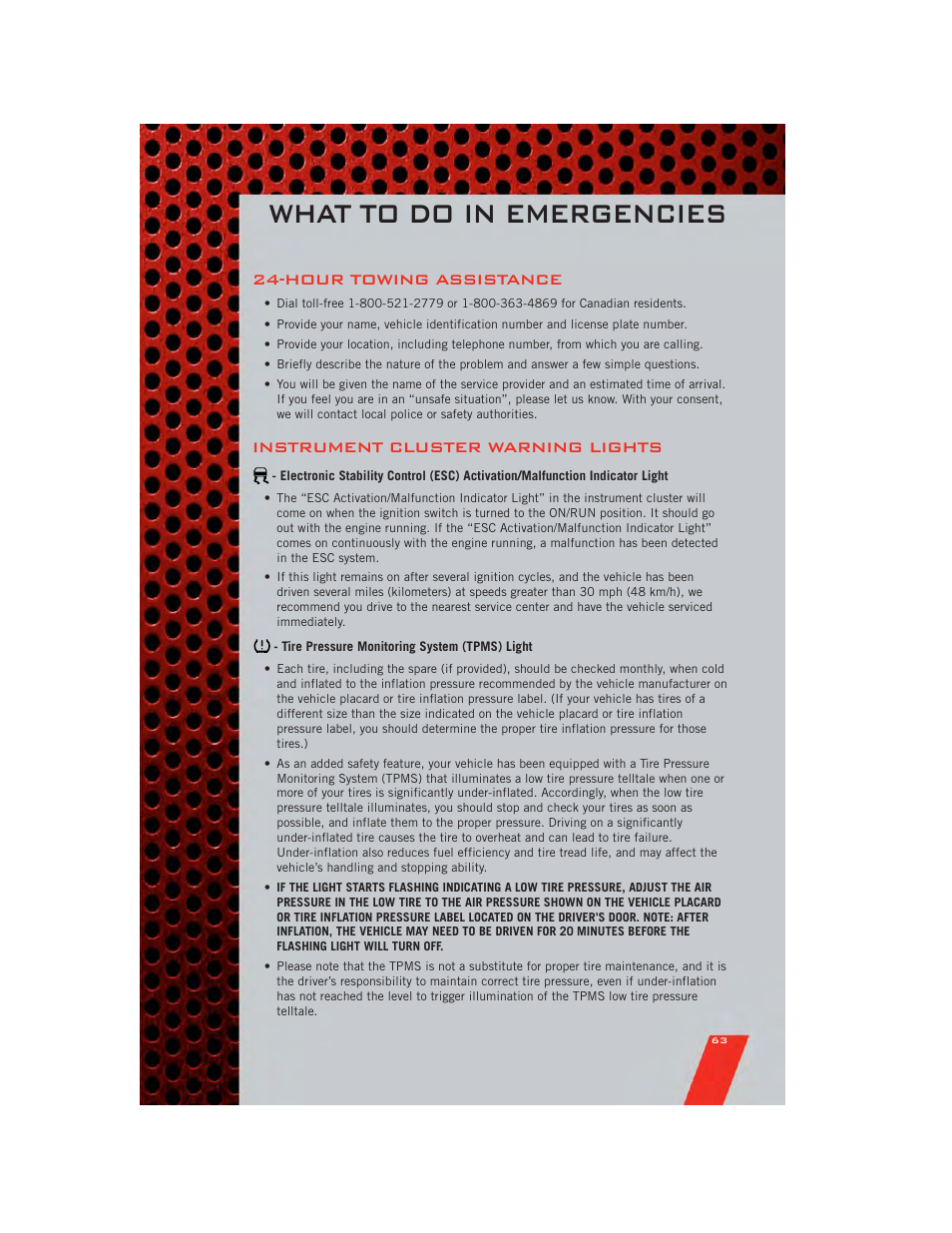 What to do in emergencies, Hour towing assistance, Instrument cluster warning lights | Tire pressure monitoring system (tpms) light | Dodge 2011 Charger - User Guide User Manual | Page 65 / 104