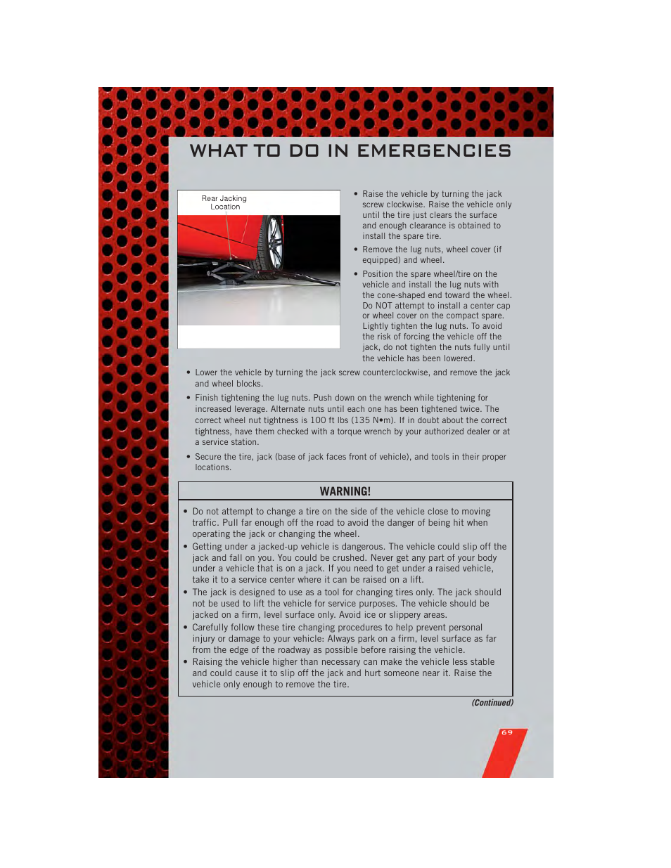 What to do in emergencies, Warning | Dodge 2011 Charger - User Guide User Manual | Page 71 / 104