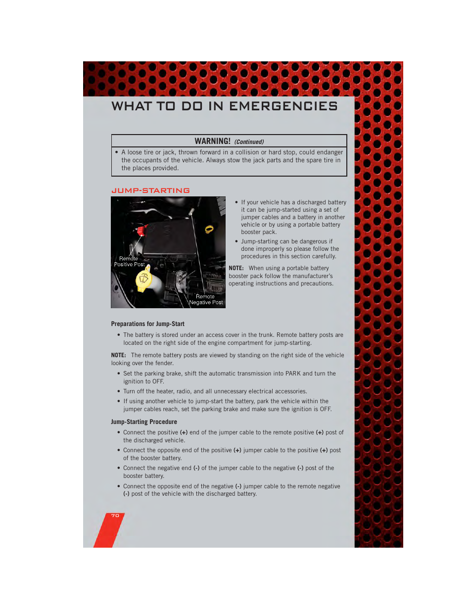 Jump-starting, Preparations for jump-start, Jump-starting procedure | What to do in emergencies, Warning | Dodge 2011 Charger - User Guide User Manual | Page 72 / 104