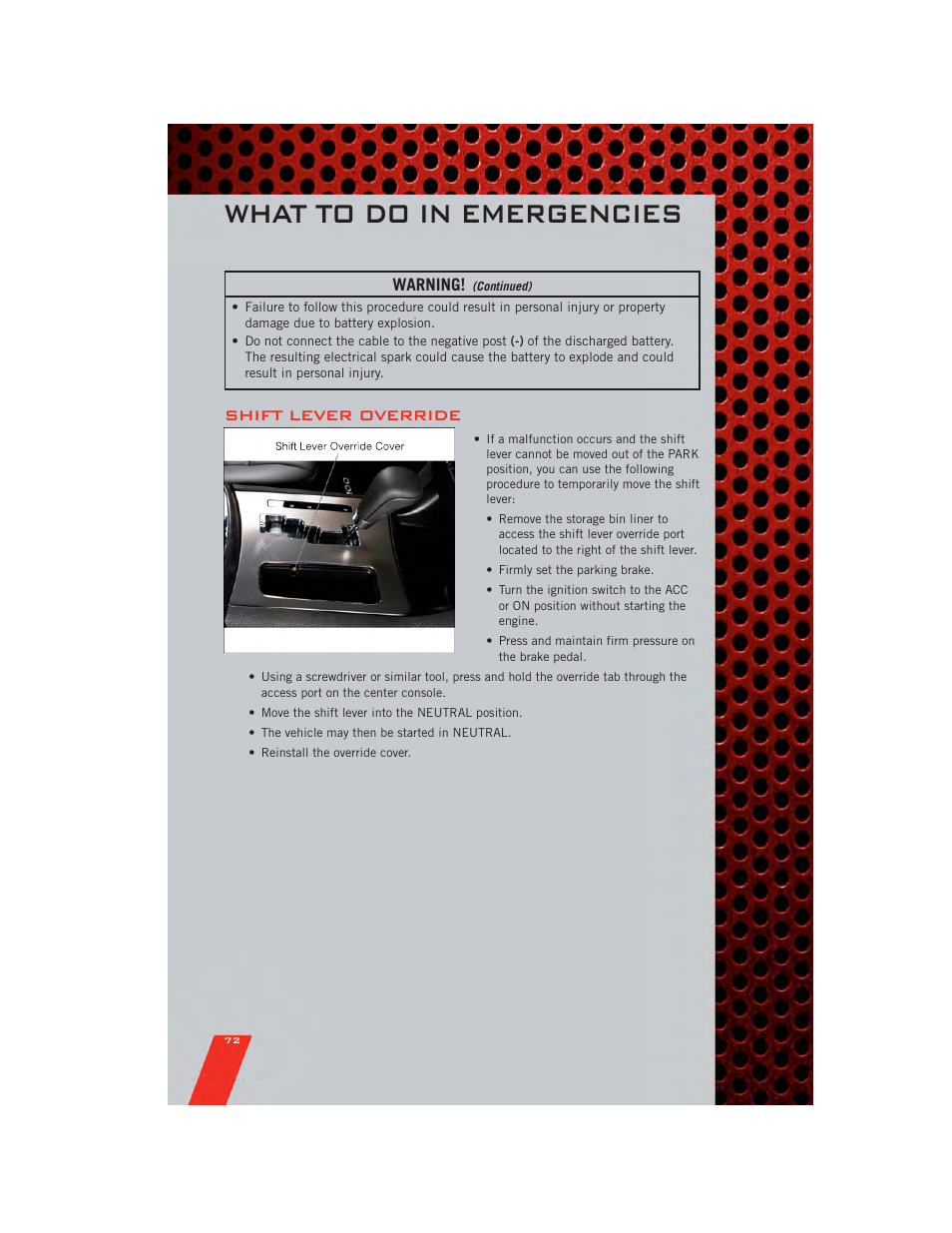 Shift lever override, Towing a disabled vehicle, What to do in emergencies | Warning | Dodge 2011 Charger - User Guide User Manual | Page 74 / 104