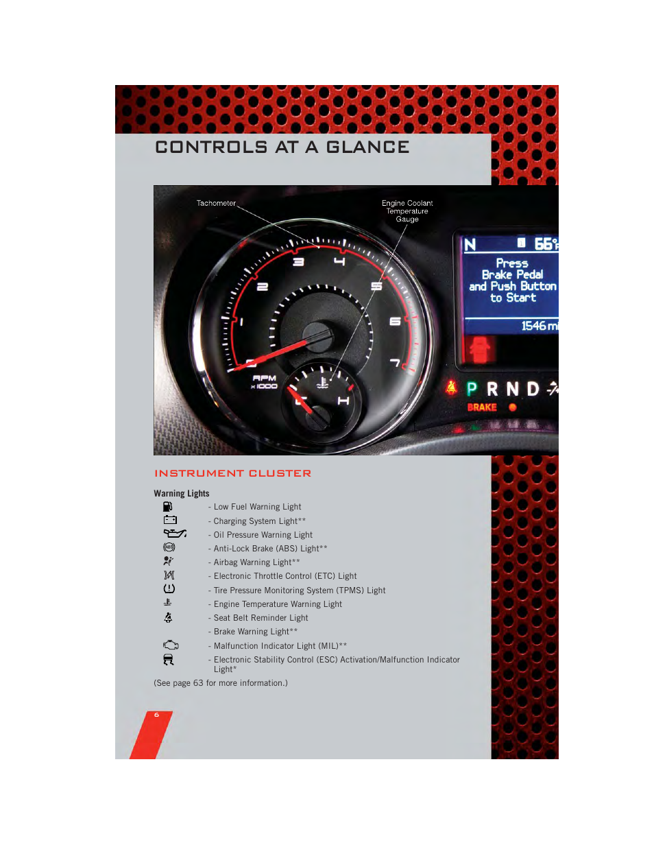 Instrument cluster, Warning lights, Controls at a glance | Dodge 2011 Charger - User Guide User Manual | Page 8 / 104