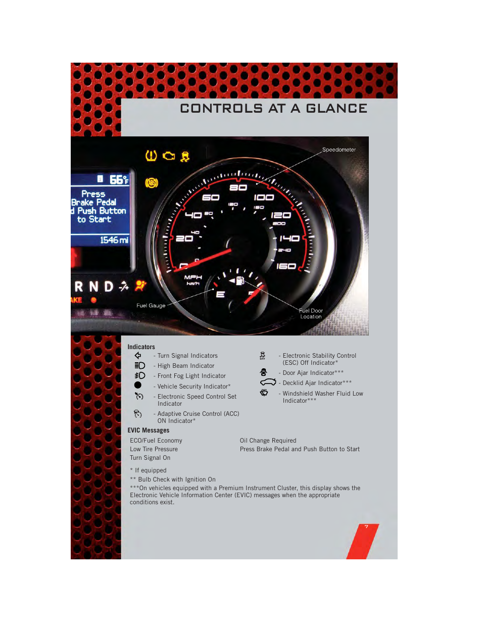 Indicators, Evic messages, Controls at a glance | Dodge 2011 Charger - User Guide User Manual | Page 9 / 104