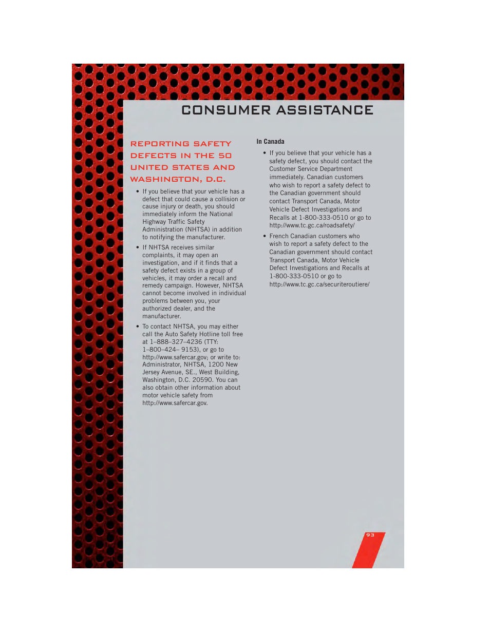 In canada, Consumer assistance | Dodge 2011 Charger - User Guide User Manual | Page 95 / 104