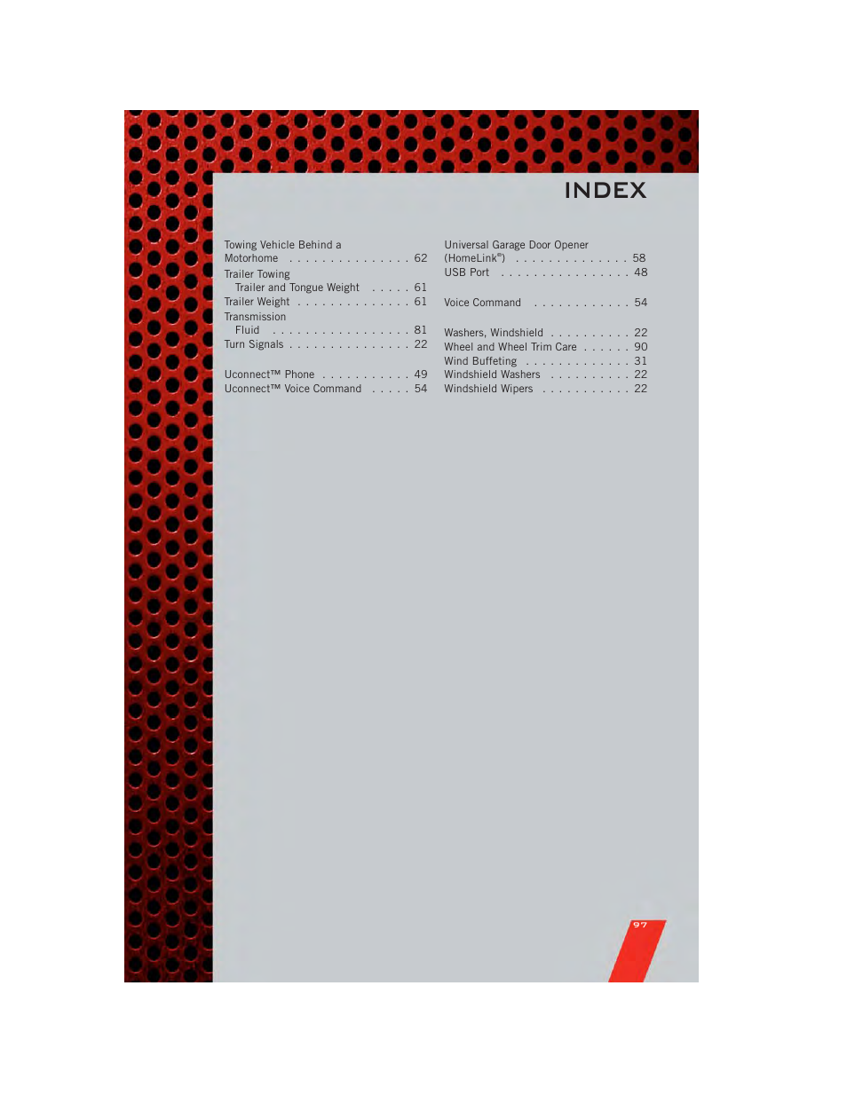 Index | Dodge 2011 Charger - User Guide User Manual | Page 99 / 104
